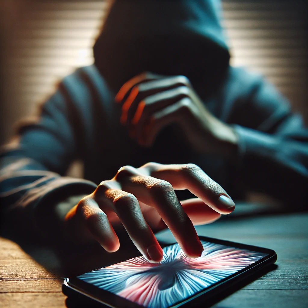 A person in a hoodie sitting in dim lighting, hand hovering over a smartphone, symbolising the struggle against pornography addiction and the need for self-restraint in Islām.