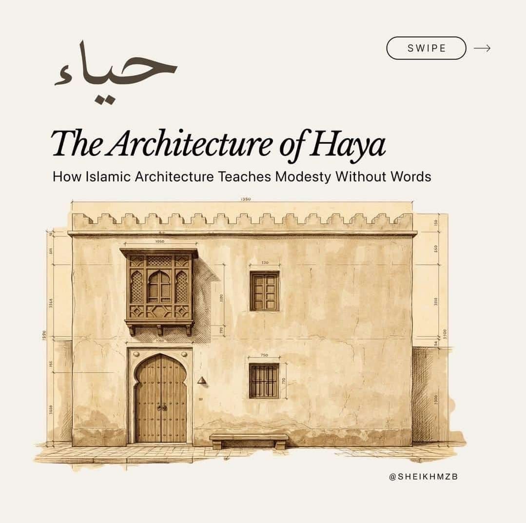 Islamic architectural facade with inward-focused design, traditional Muslim home structure, and modest exterior reflecting privacy, simplicity, and spiritual principles of Islamic architecture