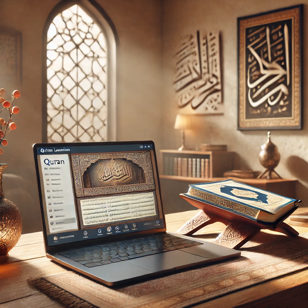 Online Quran learning setup with an open Quran on a wooden rehal and a laptop displaying a Quran lesson in a peaceful study environment.