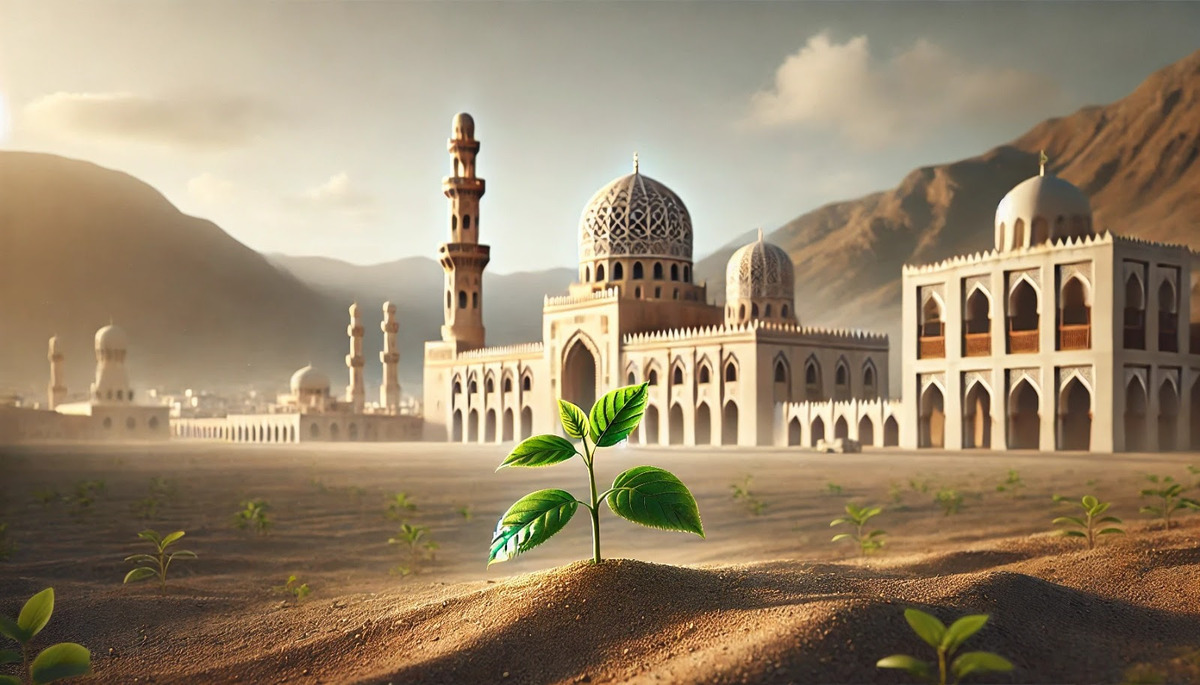 A young plant growing in the desert with a majestic masjid in the background, symbolizing the growth of faith and Islamic education.