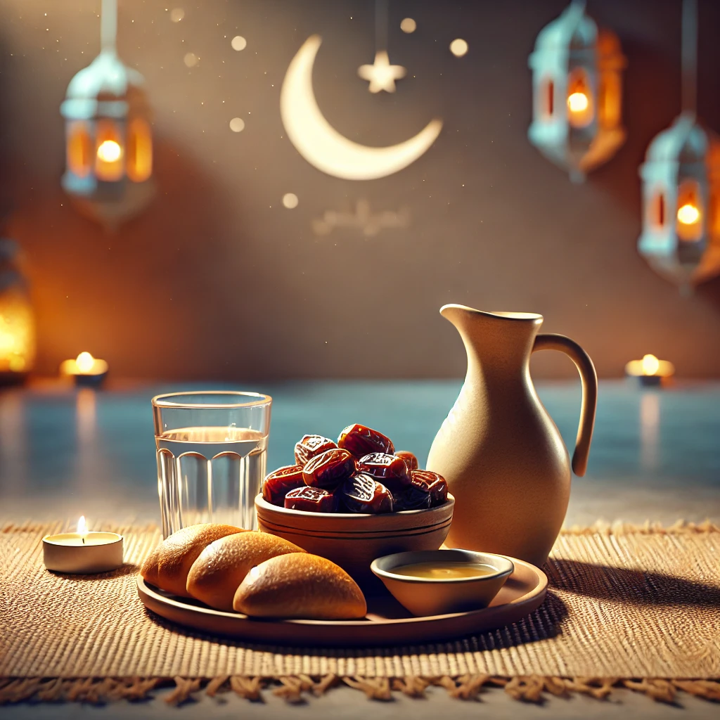 A symbolic representation of fidyah in Islām, depicting dates, bread, water, and lanterns. Fidyah is a charitable compensation for missed fasts, ensuring that those unable to fast can still fulfill their religious duty through feeding the poor.