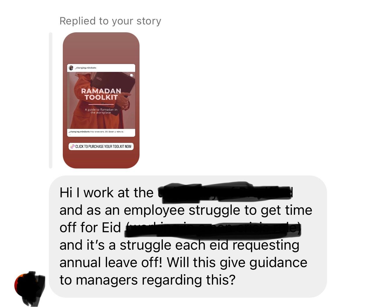 A message on Instagram from an employee expressing struggles with getting time off for Eid, inquiring if the Ramadan Toolkit provides guidance for managers on this issue.