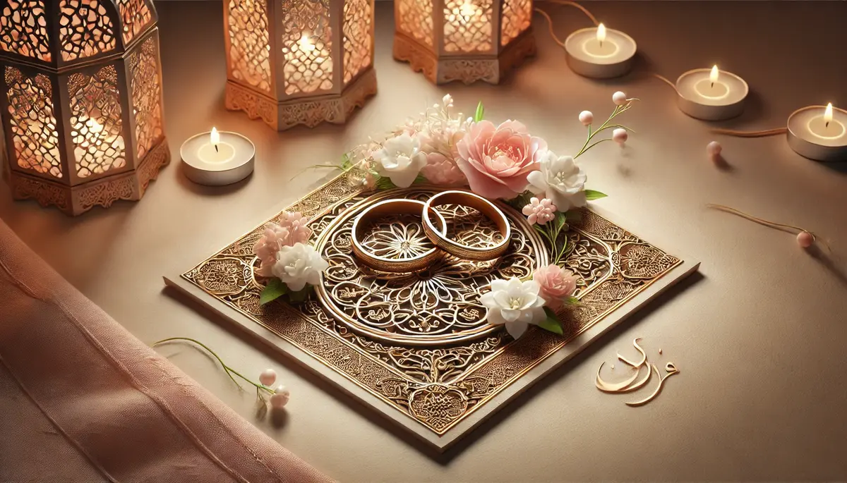 A beautifully lit tent enclosure with intertwined wedding rings on an ornate Islamic-patterned surface, symbolizing love, intimacy, and marital harmony in Islam, with soft glowing lanterns and delicate flowers creating a warm, tranquil ambiance.