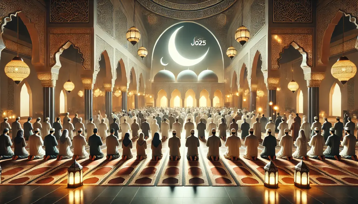 A beautifully designed mosque with intricate Islamic architecture, warm ambient lighting, and a peaceful spiritual atmosphere. Muslims of diverse backgrounds are praying together in congregation, reflecting the communal spirit of Ramaḍān. A crescent moon and lanterns softly illuminate the space, symbolizing the sacred month.