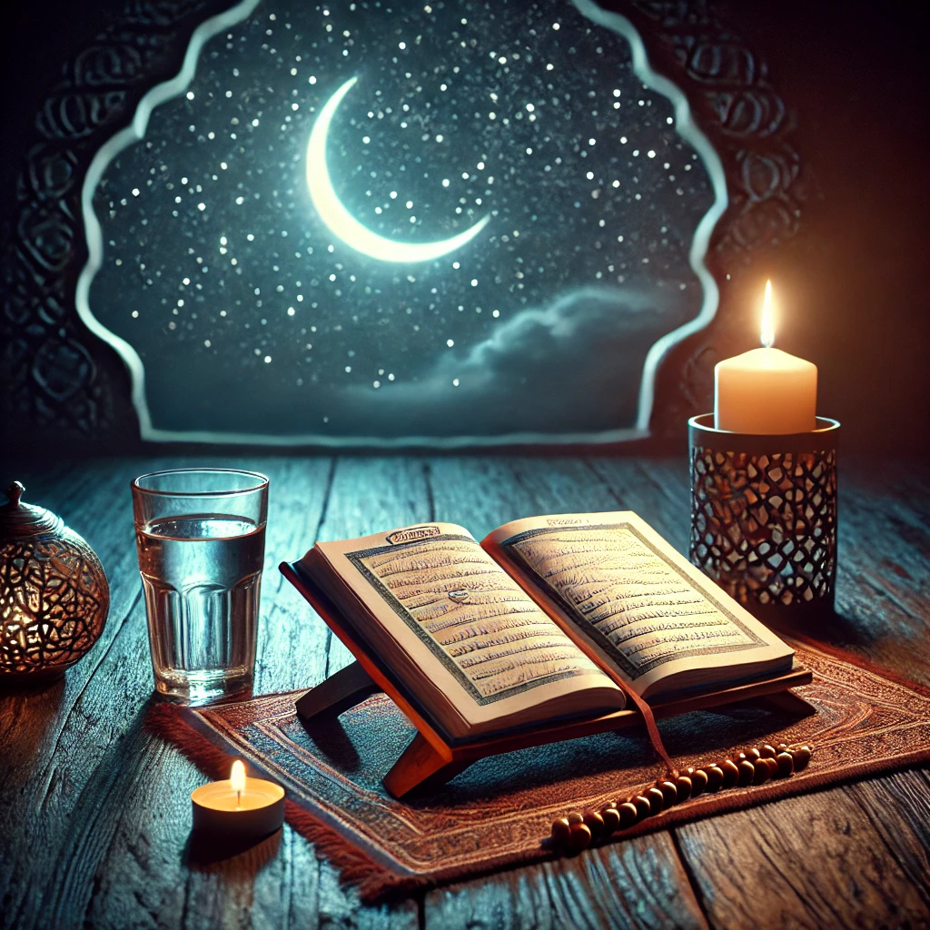 A serene night sky with the crescent moon, symbolizing the beginning of the Islāmic year, accompanied by a traditional oil lamp on a prayer mat, evoking a sense of reflection and spirituality.