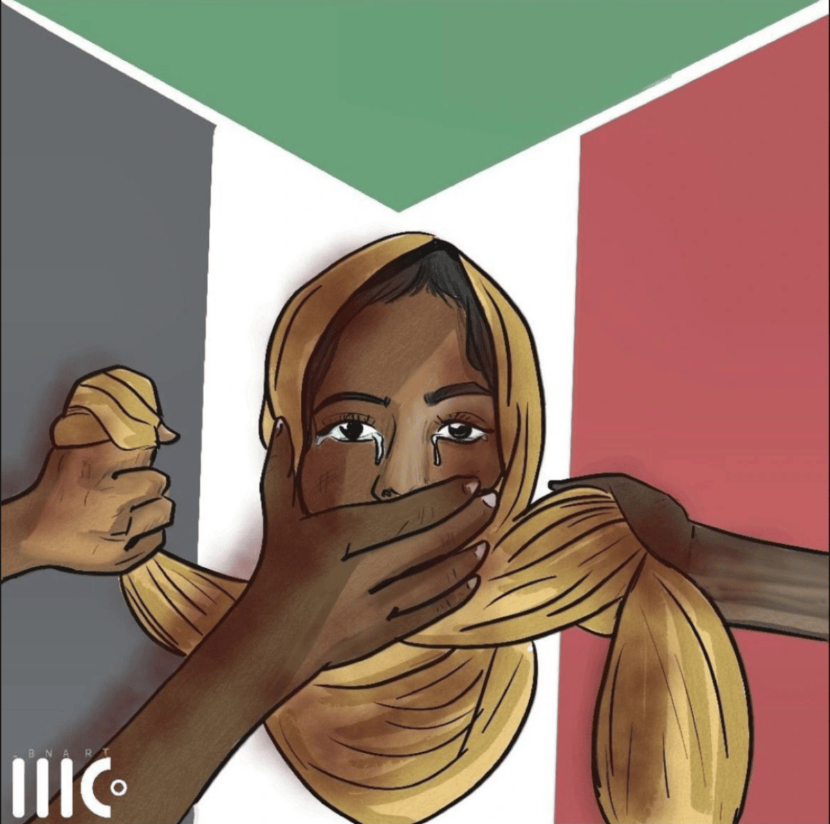 A powerful illustration depicting a Sudanese girl in a headscarf with tears streaming down her face, symbolizing oppression and suffering. Her mouth is forcefully covered by a hand, while another hand pulls at her hijab, representing the silencing and abuse of vulnerable individuals. The Sudanese flag in the background highlights the context of the crisis, conveying the struggle and injustice faced by victims of violence in Sudan.