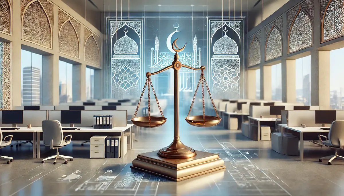 A modern digital illustration symbolising Muslim workplace advocacy, featuring a justice scale and professional setting.